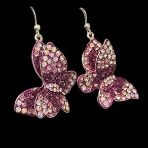 Butterfly earrings, purple, clear, rhinestones, three-dimensional, dangle 3D